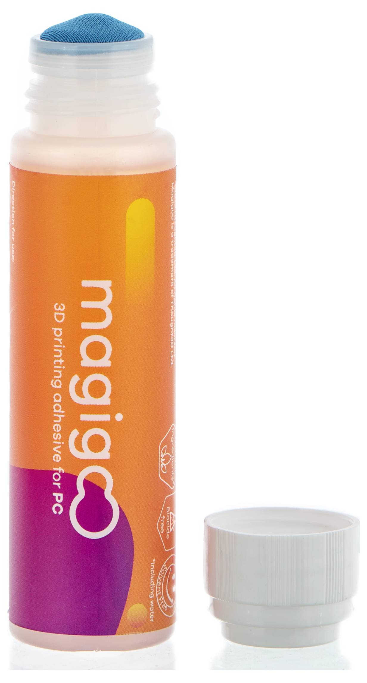 Bottle with an orange label bears the inscription 'magigoo - 3D printing adhesive'. White lid beside it, applicator visible at the top.