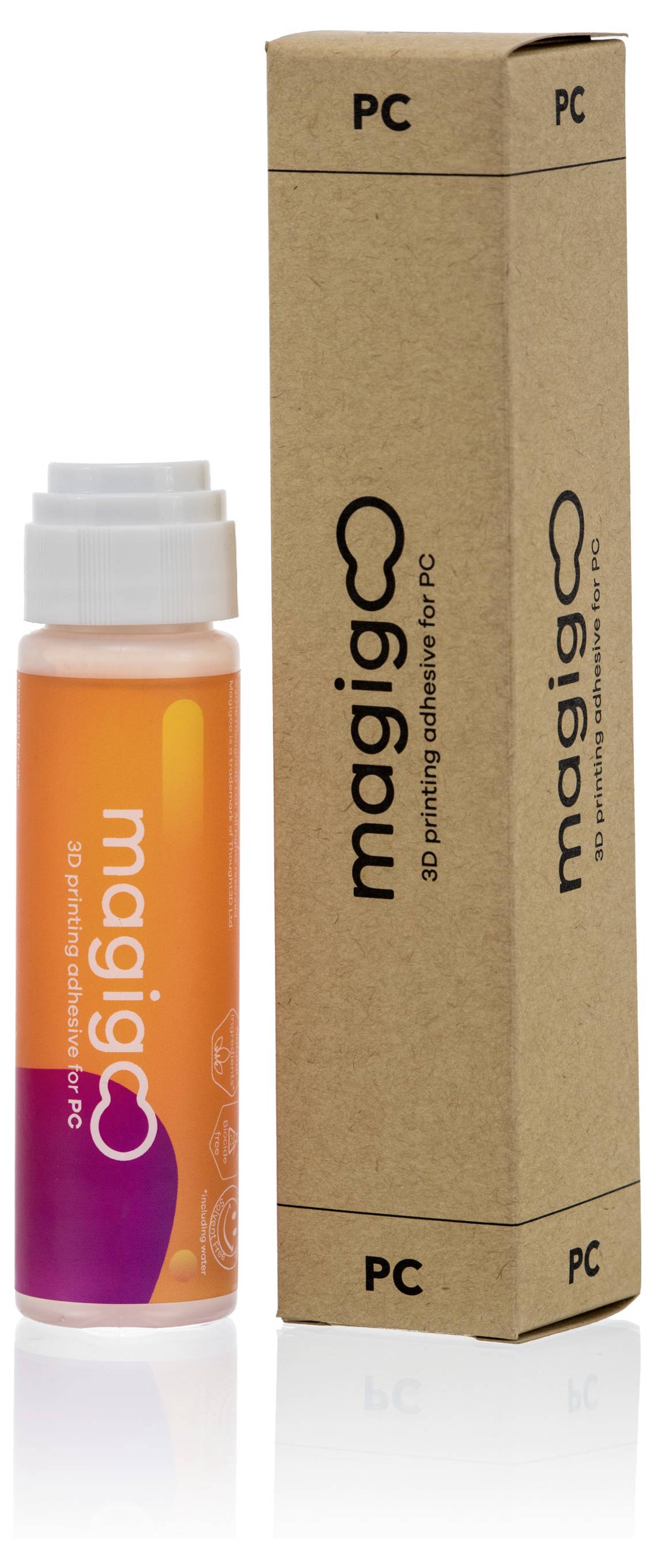 A bottle containing an orange liquid with the label 'magigoo', alongside a brown cardboard box with black text.