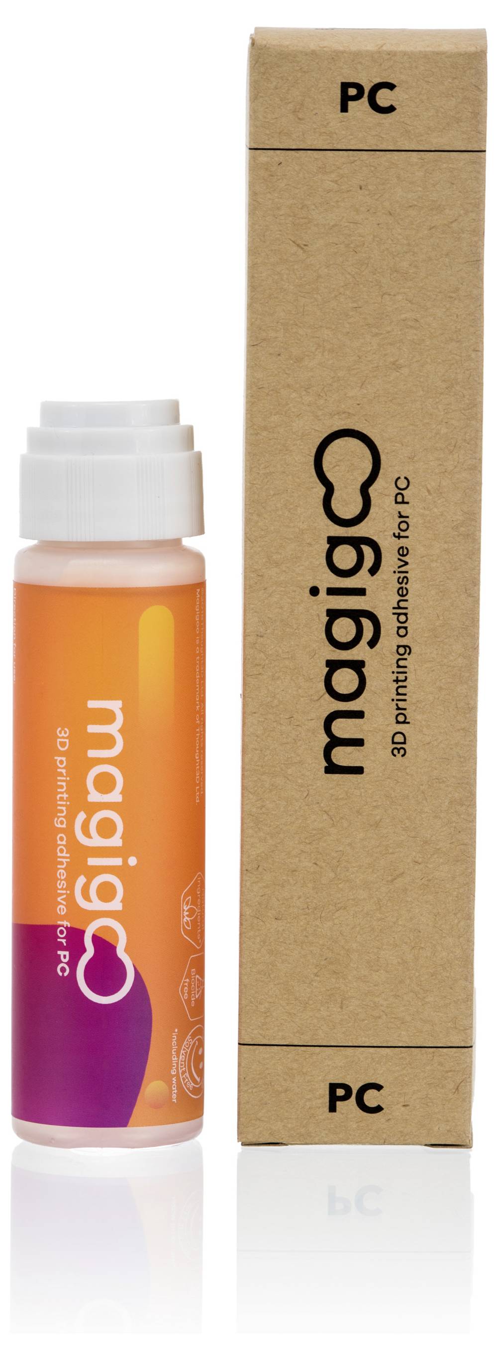 An orange 3D printing adhesive stick and its packaging, suitable for PC printing materials, with the 'magigoo' logo.