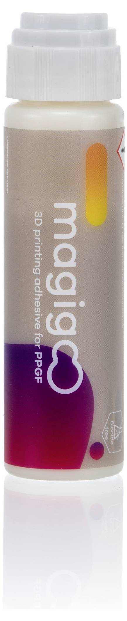 A bottle of Magigoo 3D printing adhesive. The bottle is white with a gradient from yellow to purple and has a screw cap.