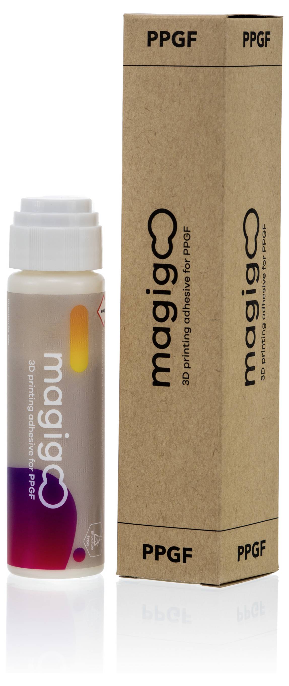 Bottle of Magigoo 3D printing adhesive in front of brown packaging.