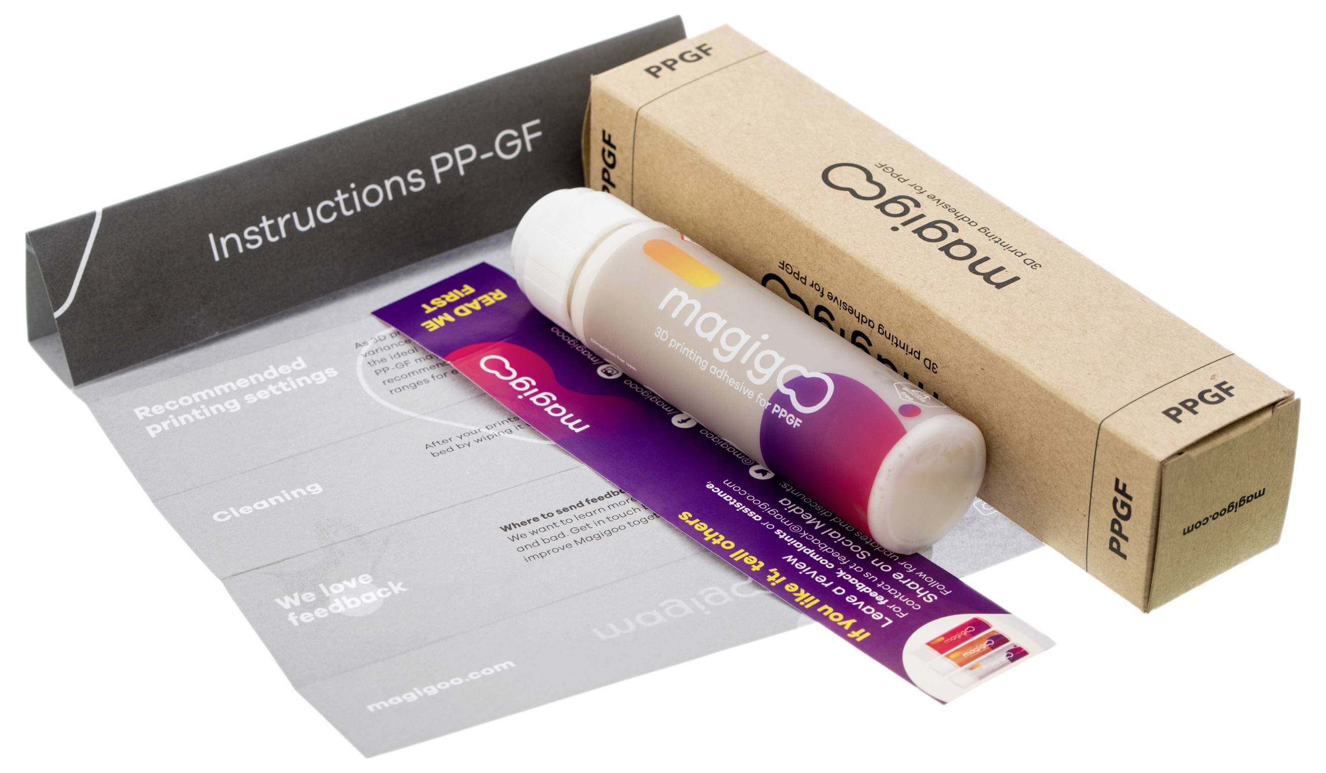 Packaging contents featuring a 'PP-GF' filament spool, instructions, and cardboard packaging from Magigoo, presented from various perspectives.