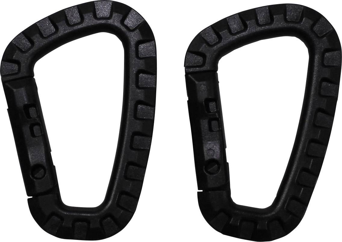 Two black plastic carabiners lying side by side, with a ribbed surface and a lockable closure.