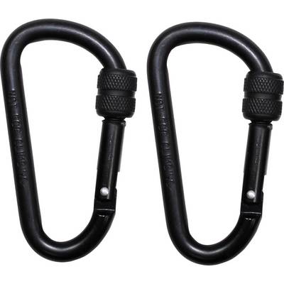 Two black screw carabiners with an oval design, lying parallel to each other, demonstrate the locking mechanism.