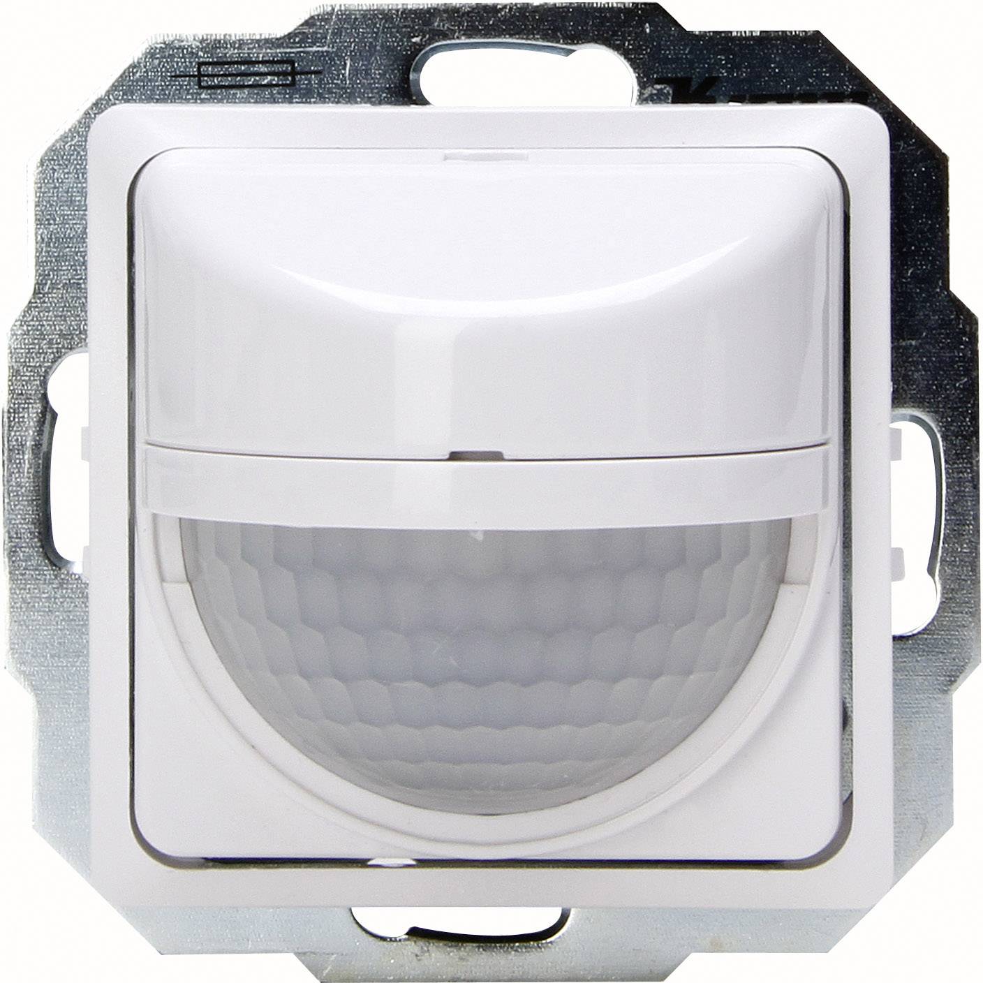 Motion sensor in a white plastic casing, mounted on a metal plate.
