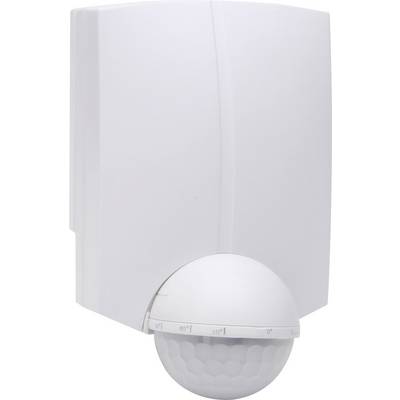 A white motion sensor positioned in a corner, with a rounded lower half and angle adjustment settings at its base.