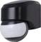 A black motion sensor with a round, white sensor, suitable for wall mounting.