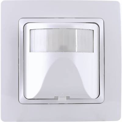 A white motion sensor with a rectangular frame, suitable for indoor wall mounting; detects movement to automatically control lighting.