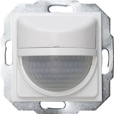 A white wall-mounted motion sensor with a honeycomb-like front, secured on a metal bracket.