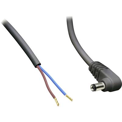A stripped cable with two wires on the left side and a hollow plug on the right side, suitable for power connections.