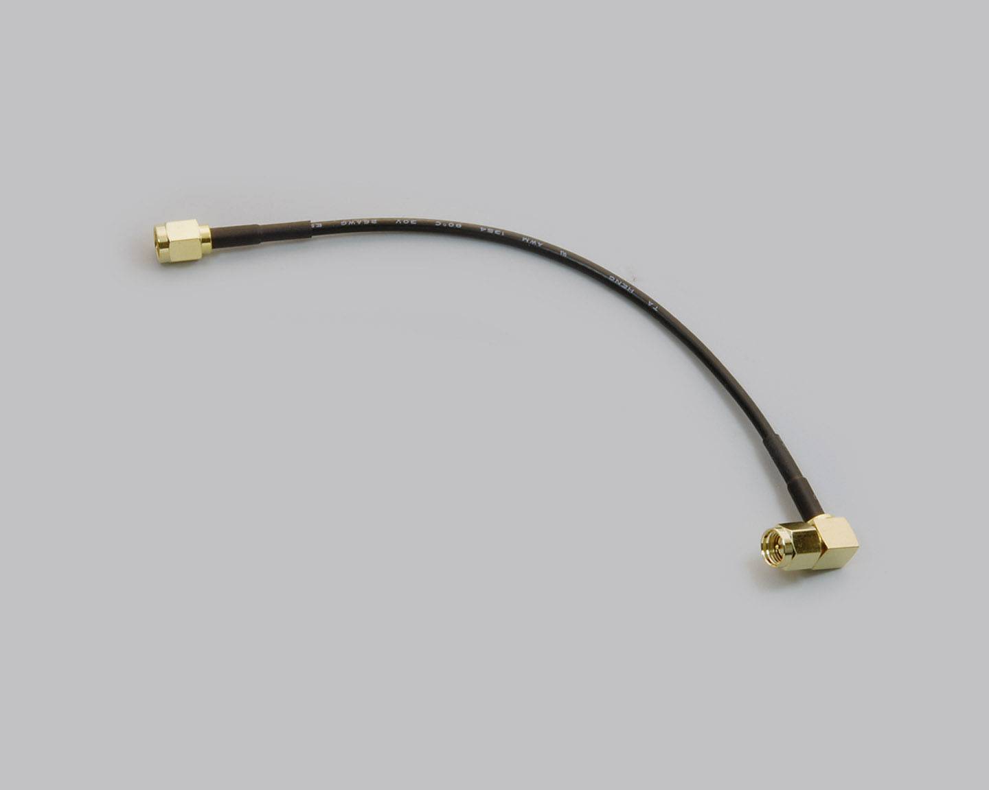 A short, black coaxial cable with two gold-plated connectors, one straight and the other at a 90-degree angle.