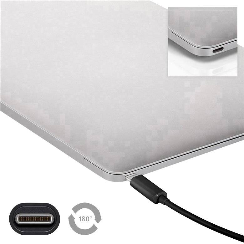 Laptop with rounded corners, connected USB-C cable, with a highlighted detail view of the connector.