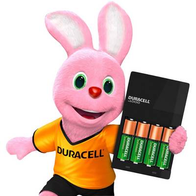 A rabbit with pink fur and a green facial expression is holding a Duracell battery pack.