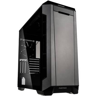 Black computer case with glass window, showing internal bays and fan placements, suitable for high-performance PC builds.