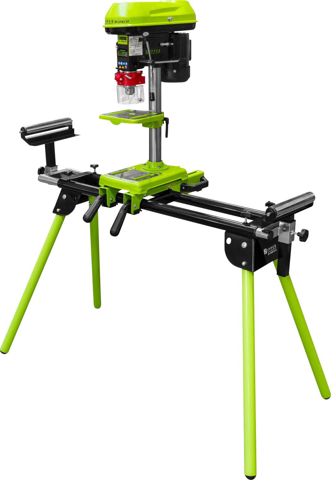 Green floor-standing drill with black frame and folding legs. Electrically operated, suitable for precise drilling in wood.