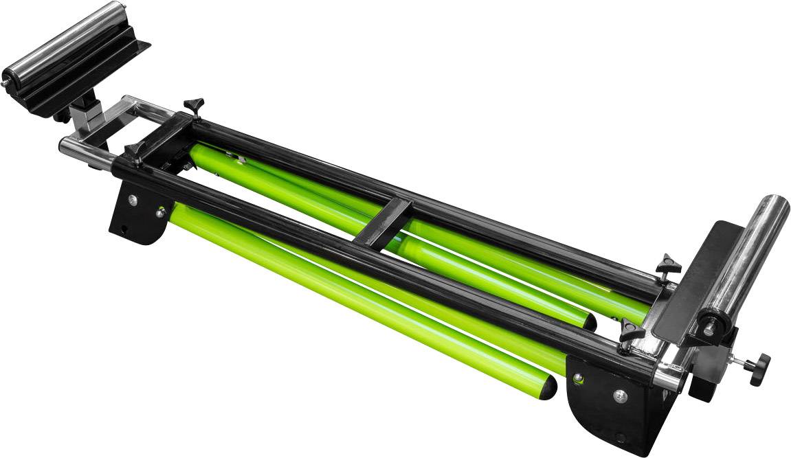 A bicycle roller trainer with a green frame, on which the rear wheel of a bicycle can be mounted, provides indoor training.