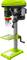 A green pedestal drill with a hand crank, drill table, and safety cover, suitable for precise drilling work.