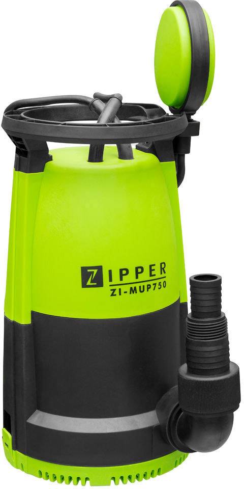 Green submersible pump with black base and side outlet, model 'ZI-MUP750' by Zipper, with open top cover.