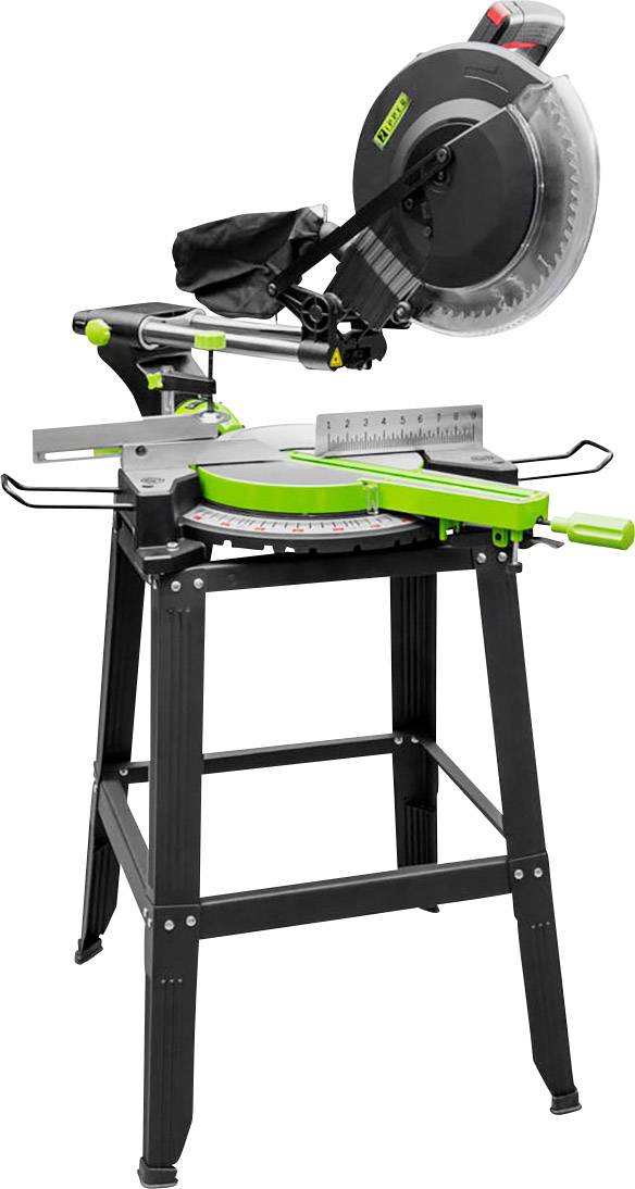 Mitre saw mounted on a sturdy table, suitable for precise angled cuts in wood, metal or plastic.