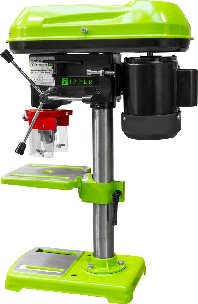 A green bench drill with grey metal components and a protective drill housing. It has mounting surfaces at the top and bottom.