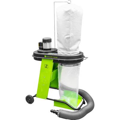 'A green wood dust extractor with a white filter bag on top, a transparent collection container underneath, and a flexible suction hose.'