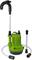 Green water pump with hoses and fittings, suitable for use in garden installations for water conveyance and distribution.
