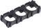 Black plastic holder with three round openings for battery cell assembly.
