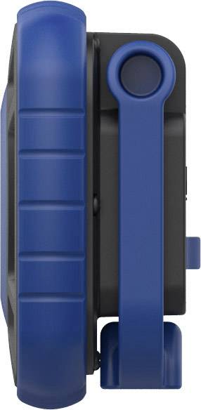 A blue, round mobile games console with a robust casing and grip element. Shown from a side view.