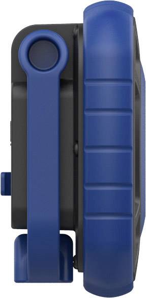 A side view of a robust, blue and black outdoor watch with a thick protective case and detachable clip.