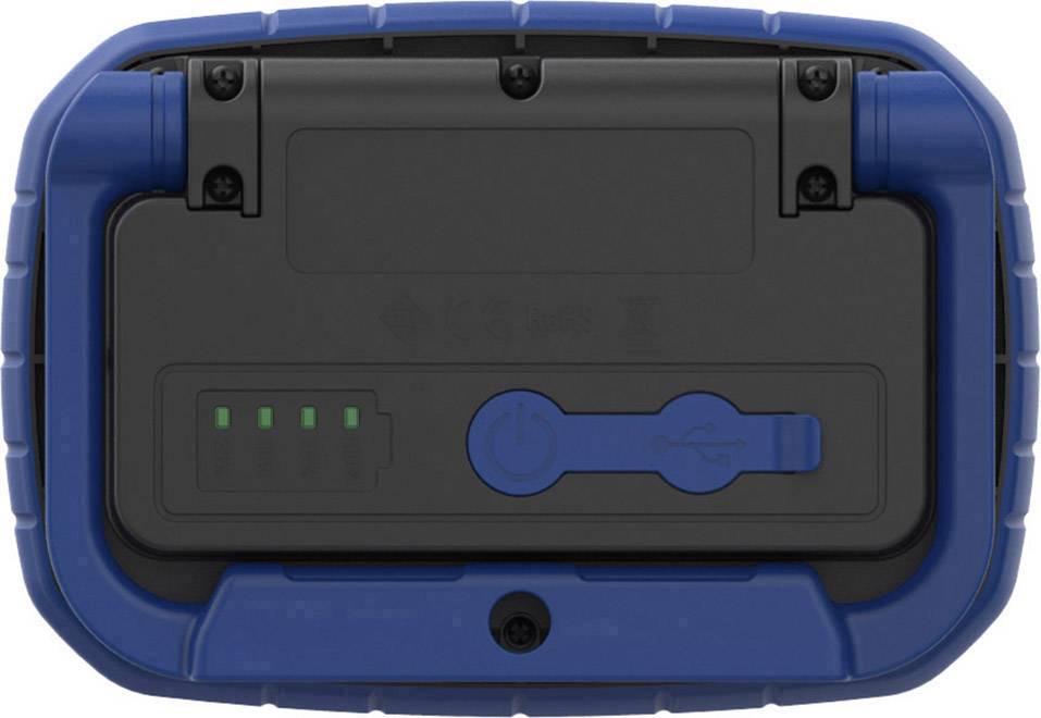 Portable, rectangular LED light in blue and black with four green charging indicators and a power connection on the back.