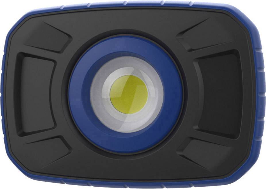 A rectangular, portable LED work light with a blue border and central light module, suitable for use in workshops.
