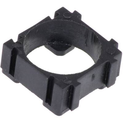 A black, square plastic ring with four corners and a round internal diameter, possibly a technical component.