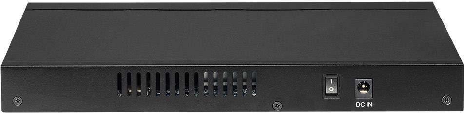 Black electronic device with ventilation slots, power switch, and DC input on the back. Battery-operated connection visible.