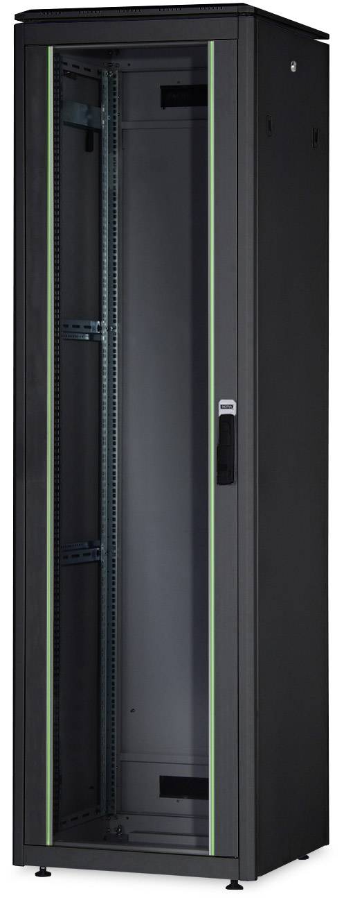 'Server rack cabinets, empty, with glass door and metal frame, suitable for storing IT equipment in data centres or server rooms.'