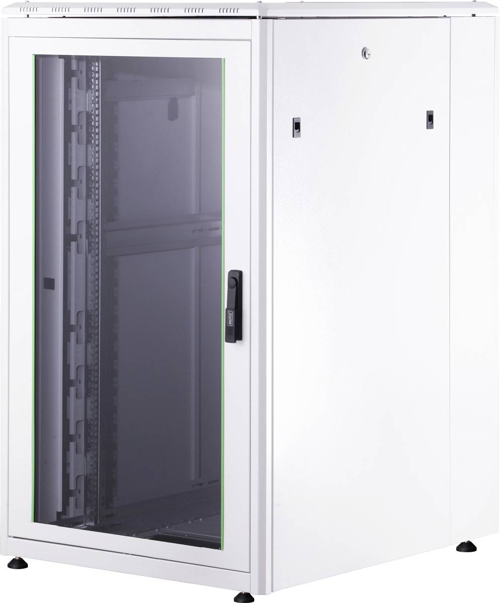 White server cabinet with glass door and locks; metal frame with interior compartment. Rack rails visible on the inner left side.