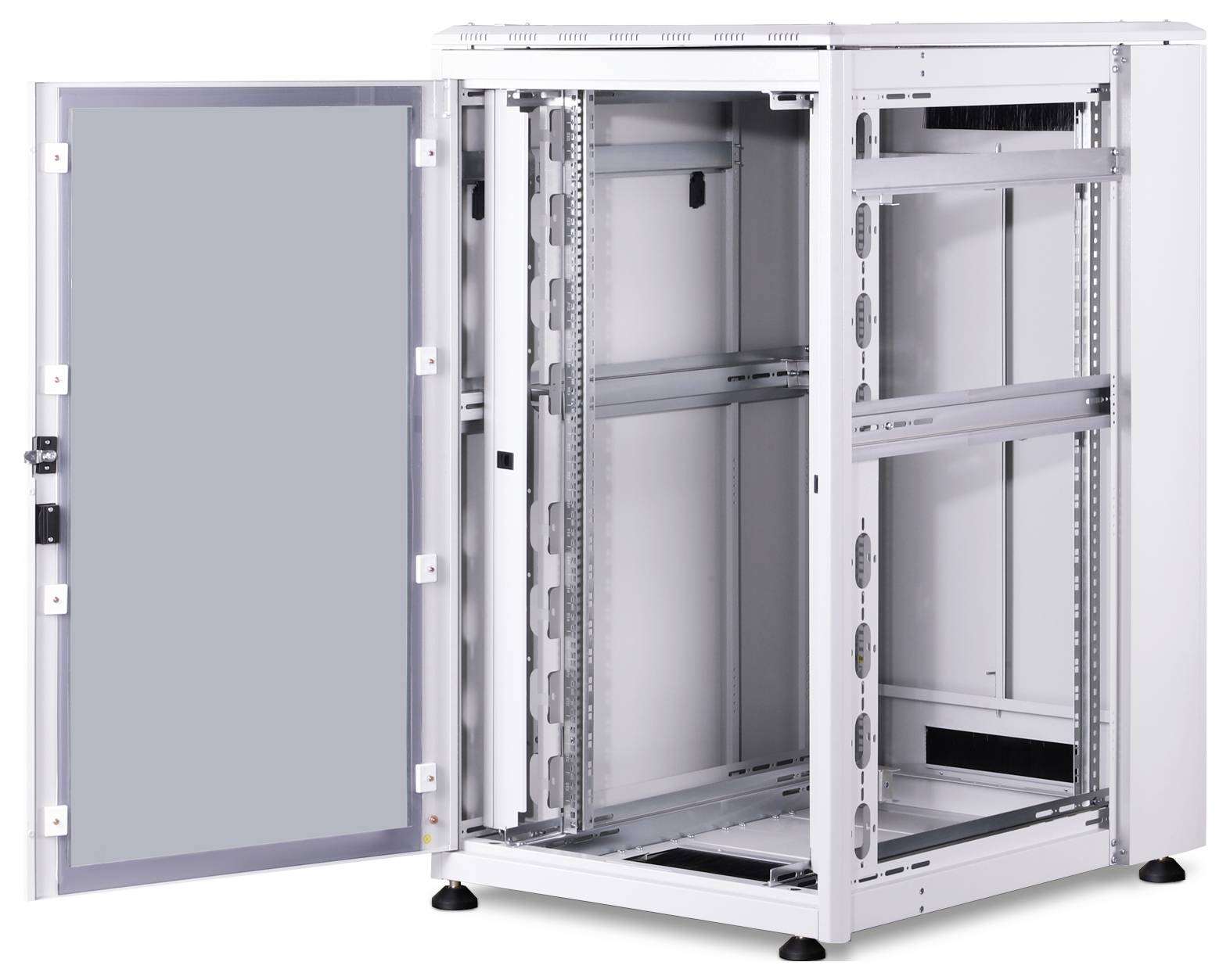 An empty white server rack cabinet with an open door, ready for installation, stands on a floor with visible rail systems.