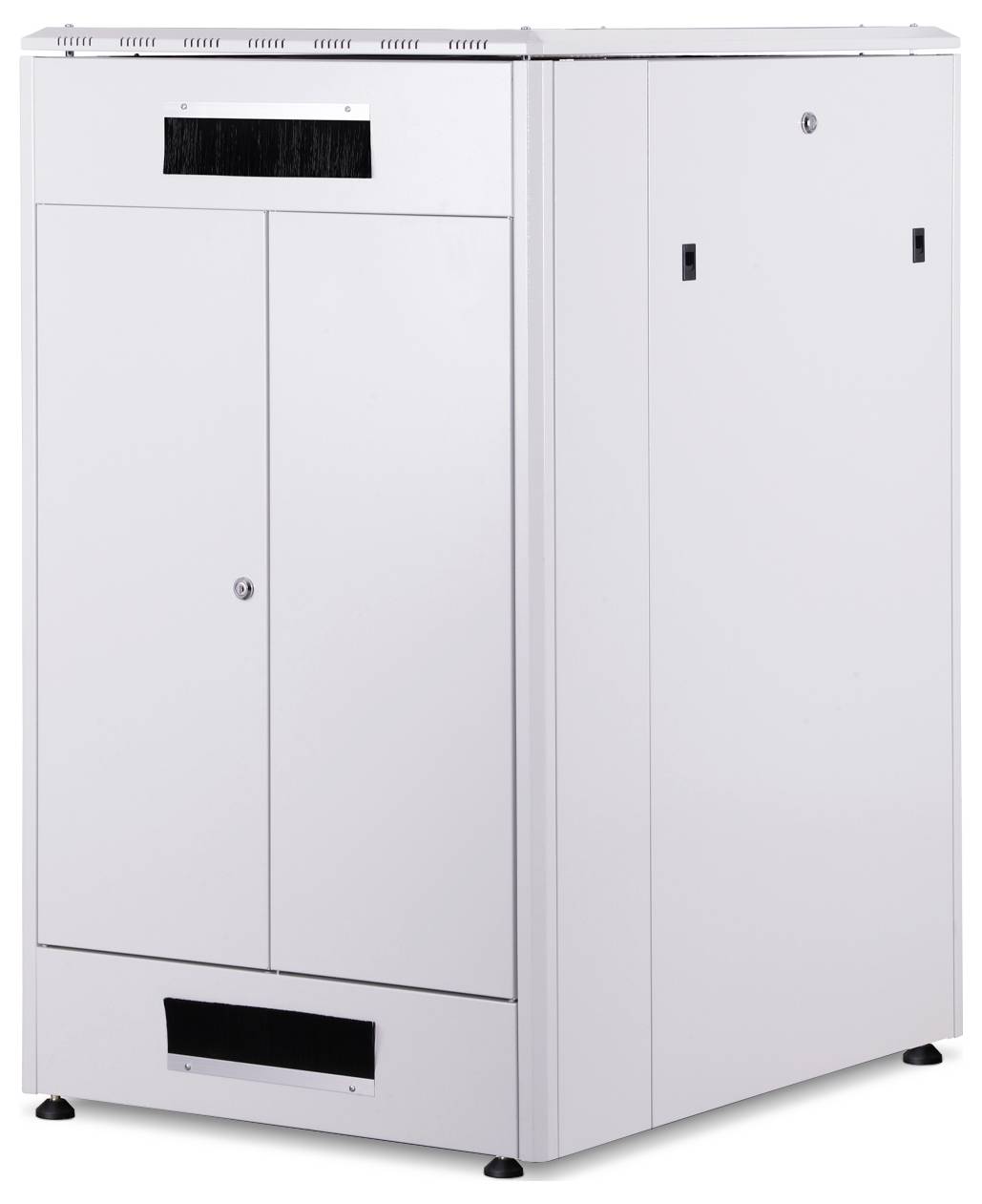 A white metal cabinet with closed doors, ventilation slots at the top and bottom, stands in a plain room.