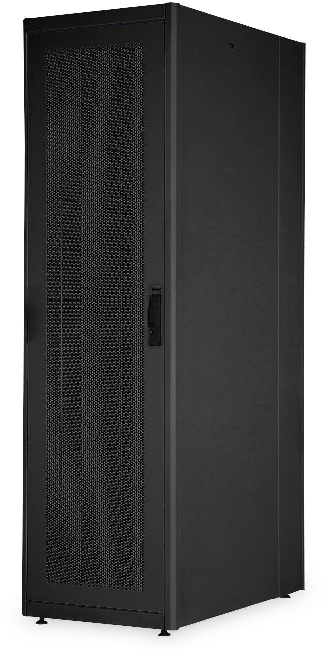 A black server cabinet with a ventilated door, suitable for storing IT equipment in data centres or technical rooms.