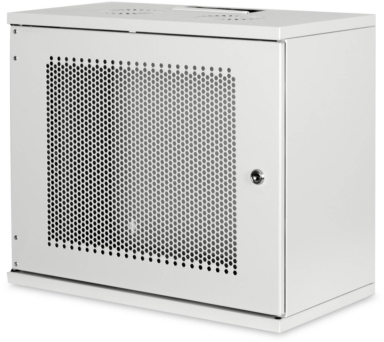 Metal cabinet with ventilation grille and lock on the front, suitable for securely storing technical equipment.