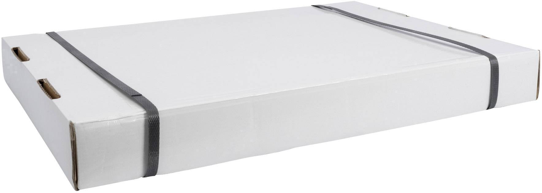 A large, flat, white cardboard box, secured with black plastic straps.