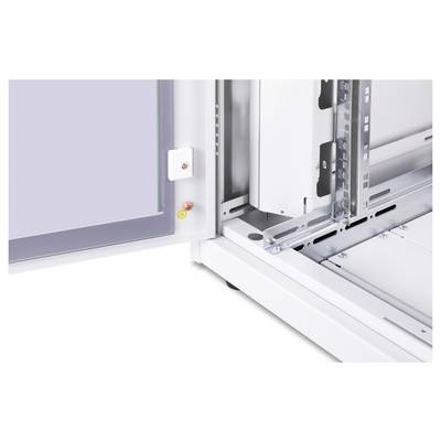 A white electric cabinet enclosure with a partially open door, revealing internal metal frames and mountings for components.