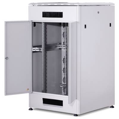 Open white server cabinet on wheels, ready for network hardware installation, in an office environment.