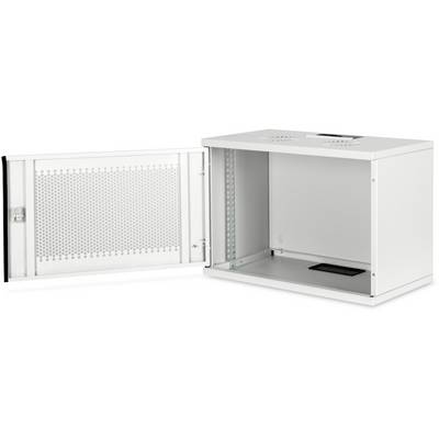An open, white wall-mounted cabinet with ventilation slots and a lock. The door is open, revealing an empty interior for device installation.