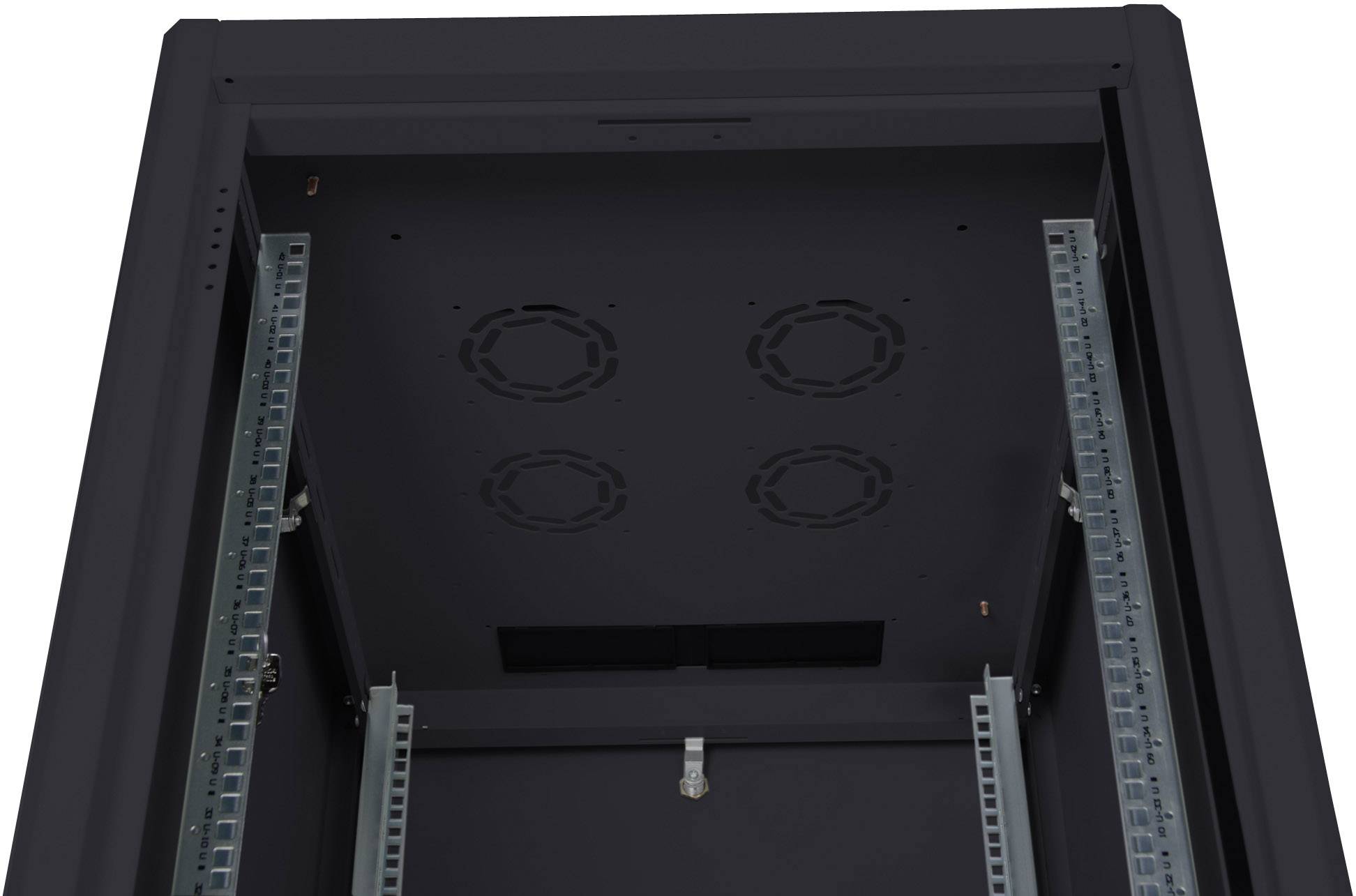 A black, empty server rack cabinet viewed from above, revealing its internal structure and mounting brackets for device installation.