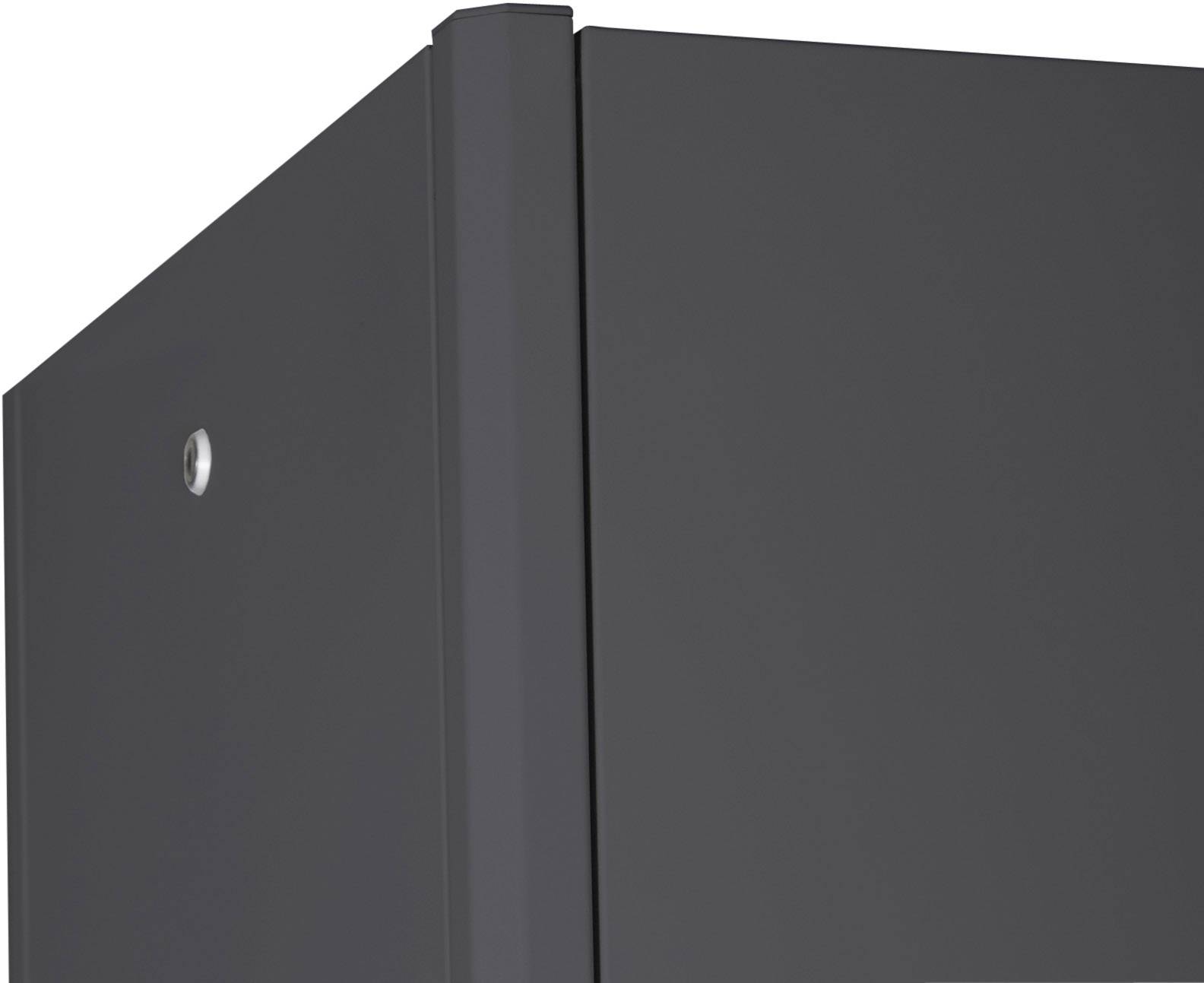 A black metal cabinet with a right-angled corner and silhouette, modern design. Unclear context, potentially for storage or furnishing.