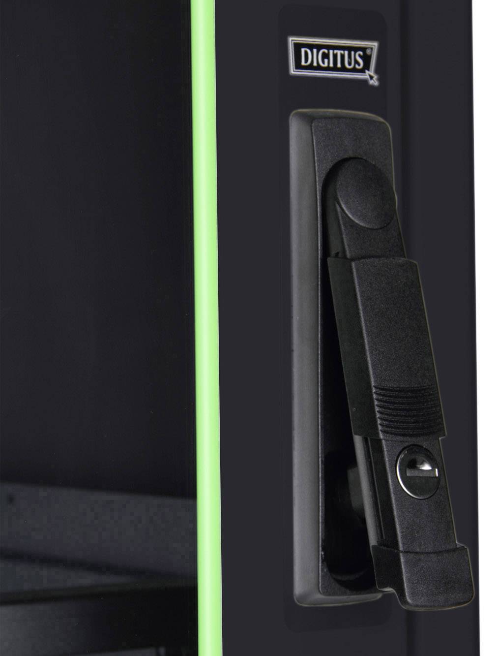 Black metal door with green illuminated frame and black handle featuring the Digitus logo.