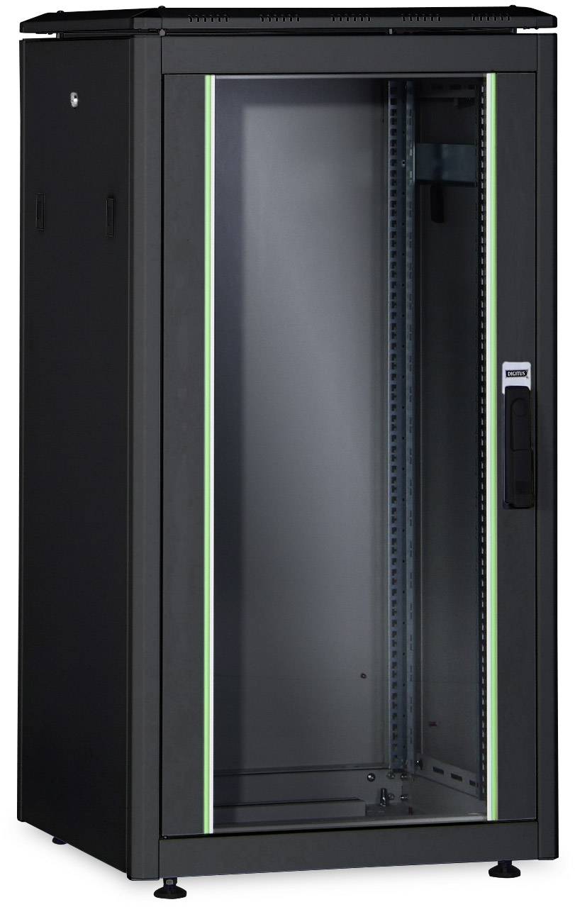 Black network or server rack cabinet with glass door, suitable for securely storing IT equipment in data centres.