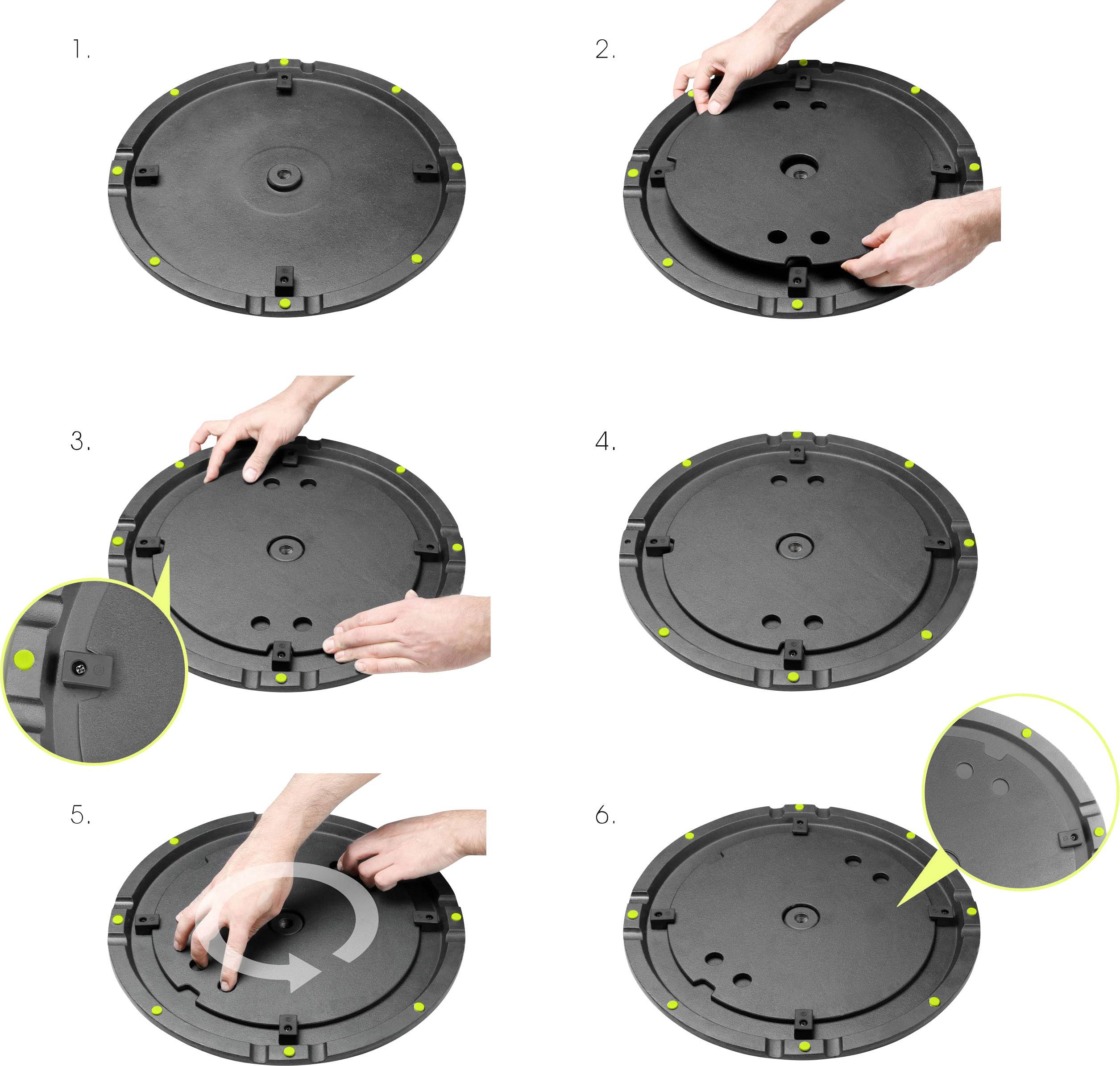 'Six-step guide to installing a round black lid with yellow markings. Hands demonstrating each action.'