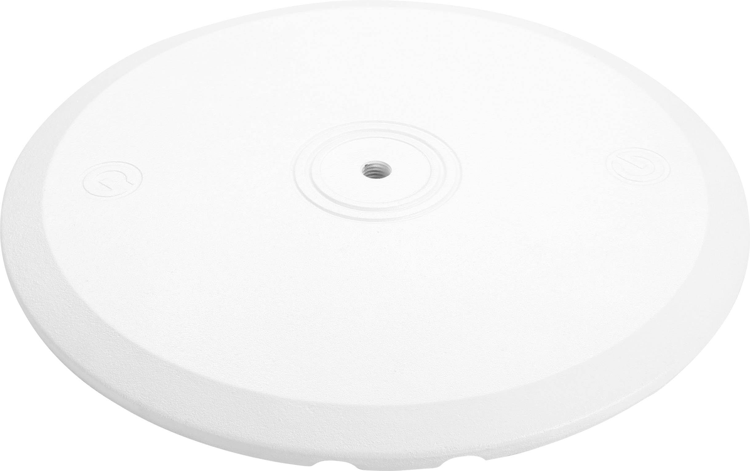 White, round plastic cover with a central hole, possibly for fastening purposes. No further visible details.
