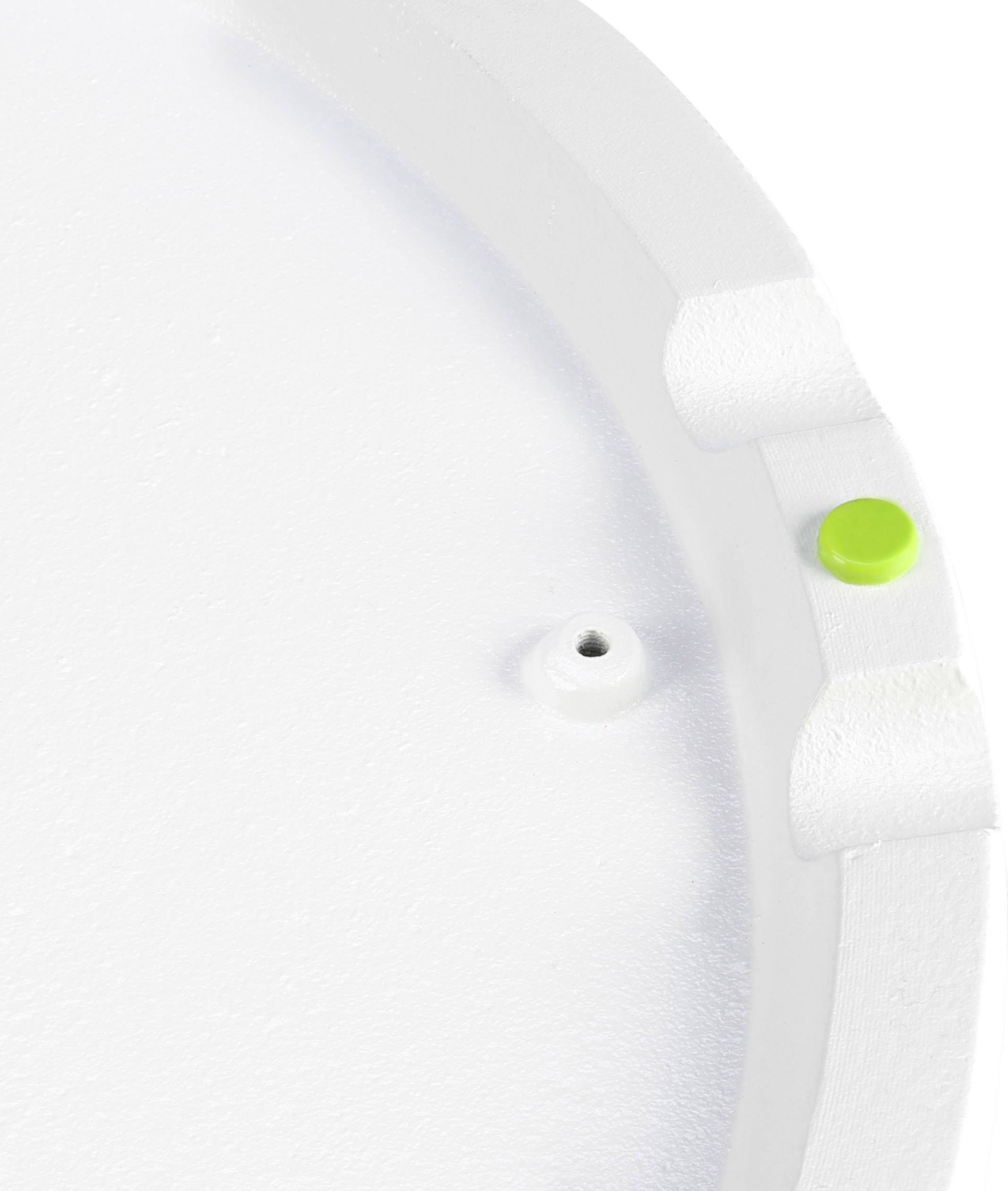 White round polystyrene sheet with a green dot on the right side, potentially part of packaging or protective material.